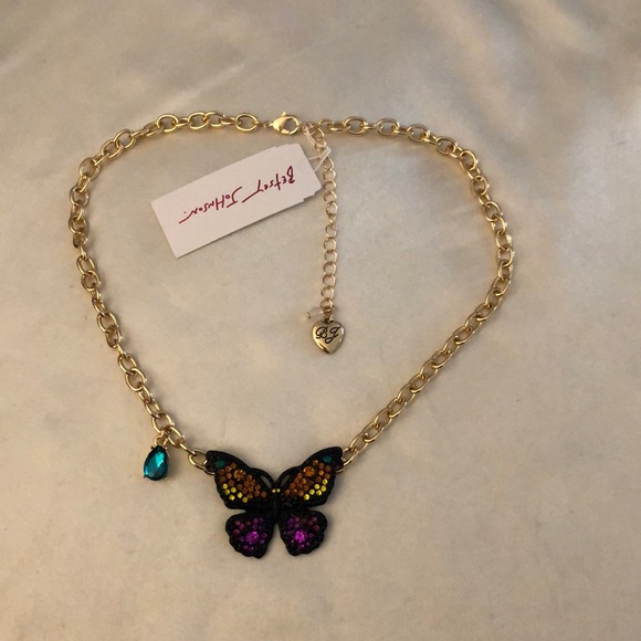 Betsey Johnson Gold Tone Black Butterfly Pendant Necklace Multi Colored Crystal - Picture 13 of 16